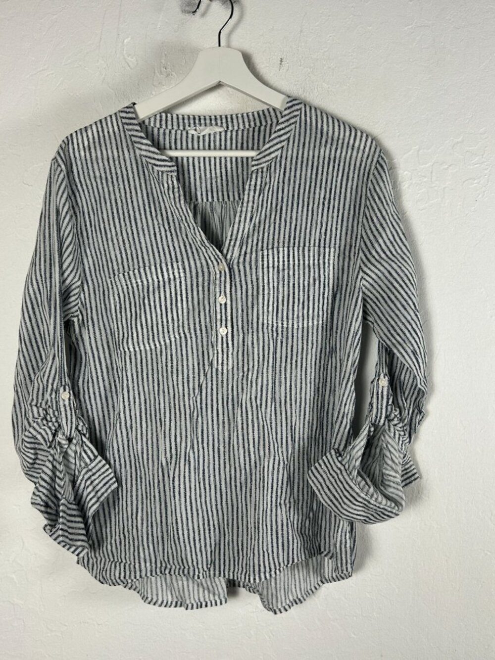Carve Designs Womens Striped Henley Tunic Top Medium White Navy Roll-Tab Sleeve